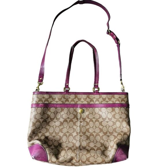 COACH LEATHER CARRYALL IN SIGNATURE CANVAS KHAKI LILAC LEATHER TOTE BAG - Picture 2 of 16